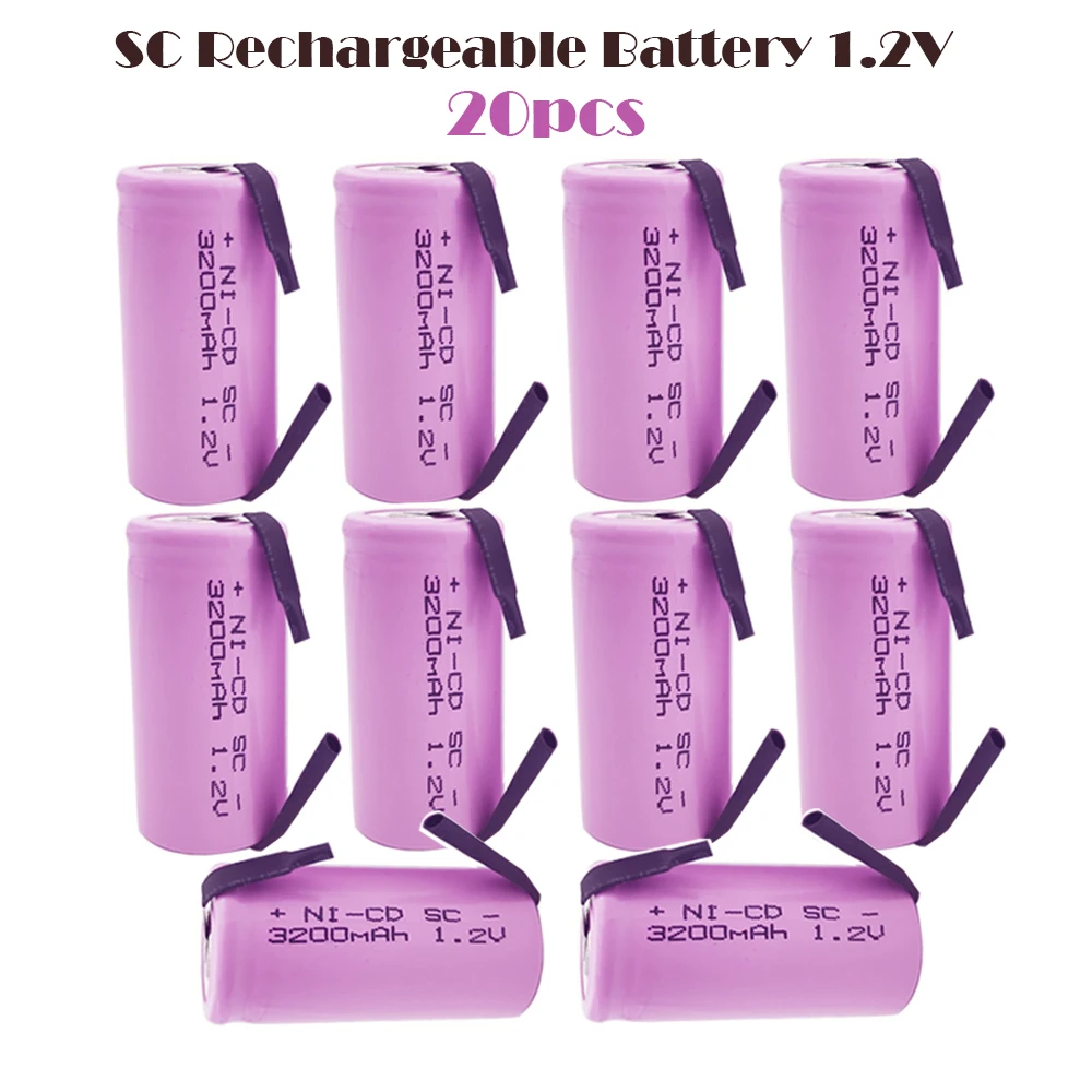 20PCS SUB SC 1.2V 3200mAh Rechargeable Battery 4/5 S C Sub C Ni-cd Cell With Welding Tabs For Electric Drill Screwdriver 
20PCS SUB SC 1.2V 3200mAh Rechargeable Battery 4/5 S C Sub C Ni-cd Cell With Welding Tabs For Electric Drill Screwdriver