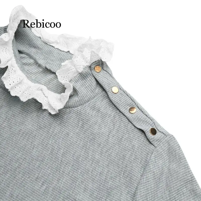 Autumn Fashion Solid Blouse Women Knitted Top Lace High Neck Button Long Sleeve Pullover female Pullover Ladies Tops Tunics 
Autumn Fashion Solid Blouse Women Knitted Top Lace High Neck Button Long Sleeve Pullover female Pullover Ladies Tops Tunics