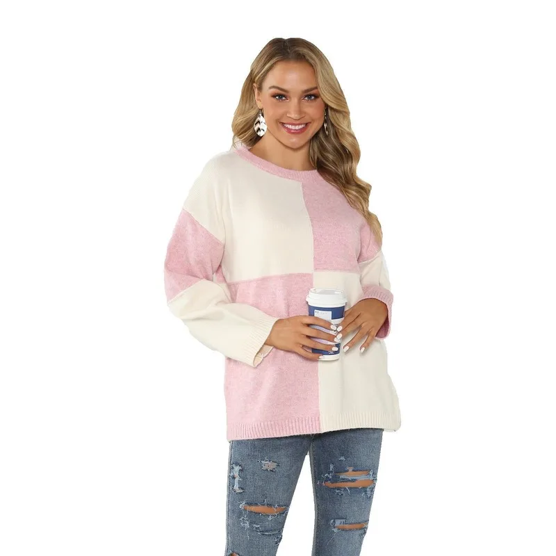 Autumn winter contrast color stitching fashion casual European and American turtleneck loose-fitting sweater women's knitwear 
Autumn winter contrast color stitching fashion casual European and American turtleneck loose-fitting sweater women's knitwear