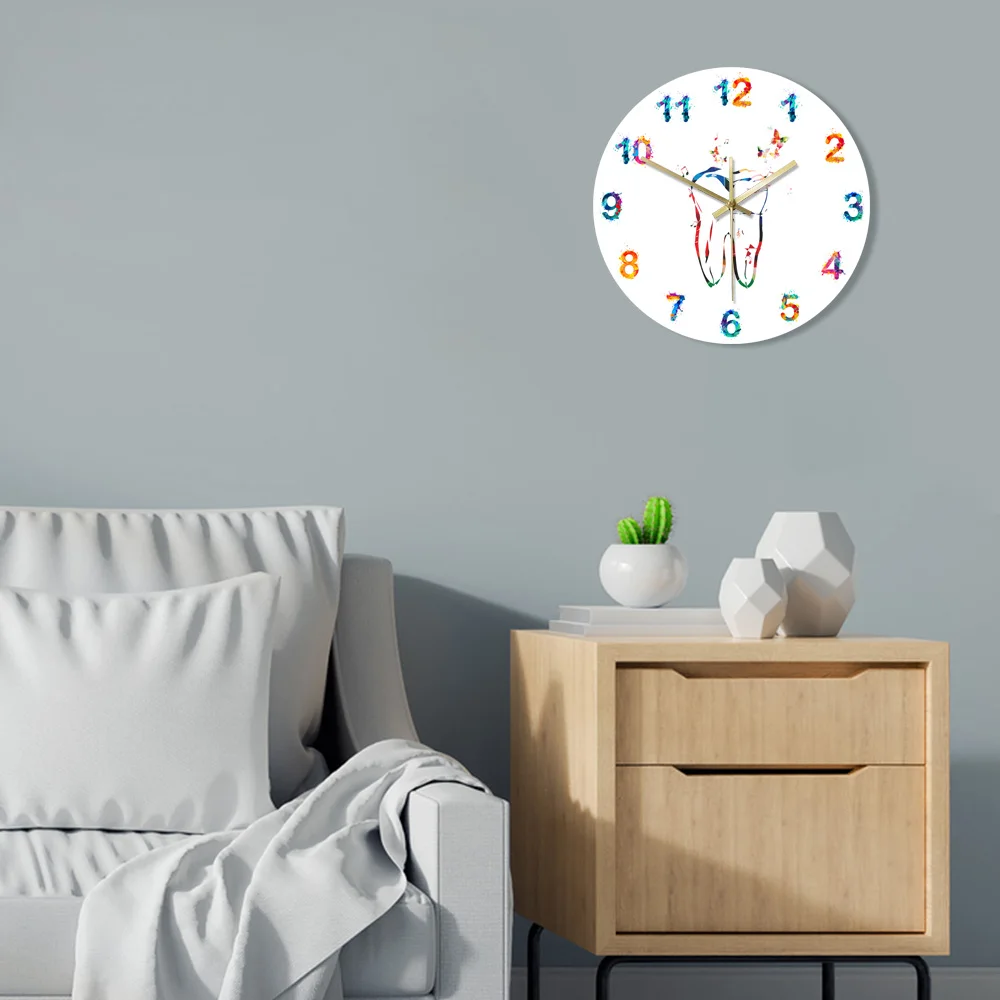 Colorful Tooth with Butterflies Fashion Printed Acrylic Wall Clocks Dental Health Modern Minimalist Quartz Mute Wall Clock 
Colorful Tooth with Butterflies Fashion Printed Acrylic Wall Clocks Dental Health Modern Minimalist Quartz Mute Wall Clock