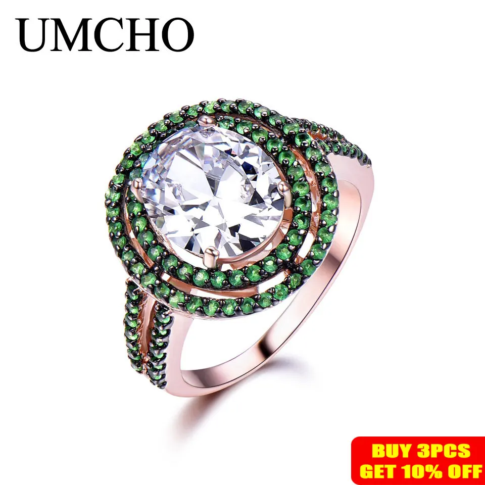 

UMCHO S925 Sterling Silver Cubic Zircon Inlay Emerald Ring Genuine Fine Jewelry For Women