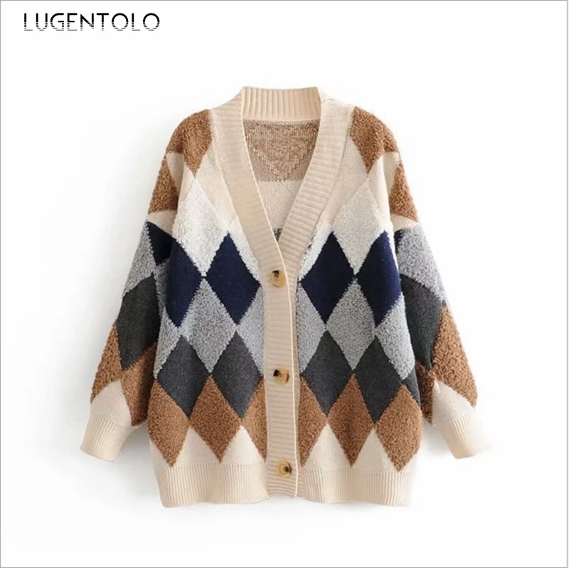 Lugentolo Women Cardigan Sweater Autumn Winter Argyle Plaid Sweater Lady Loose Korean New V-neck Casual Fashion Sweaters
Lugentolo Women Cardigan Sweater Autumn Winter Argyle Plaid Sweater Lady Loose Korean New V-neck Casual Fashion Sweaters