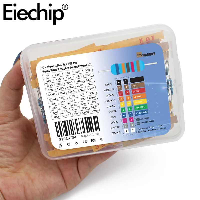 500pcs Metal film Resistor 1% 1/4W throught hole resistance diy electronic kit 50 value*10pcs 0.25W Set of resistors 1 ohm ~ 10M
500pcs Metal film Resistor 1% 1/4W throught hole resistance diy electronic kit 50 value*10pcs 0.25W Set of resistors 1 ohm ~ 10M