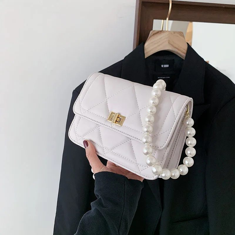 

European and American High-quality Ladies Rhombic Pearl Chain Messenger Bag 2021new Korean Fashion One-shoulder Small Square Bag