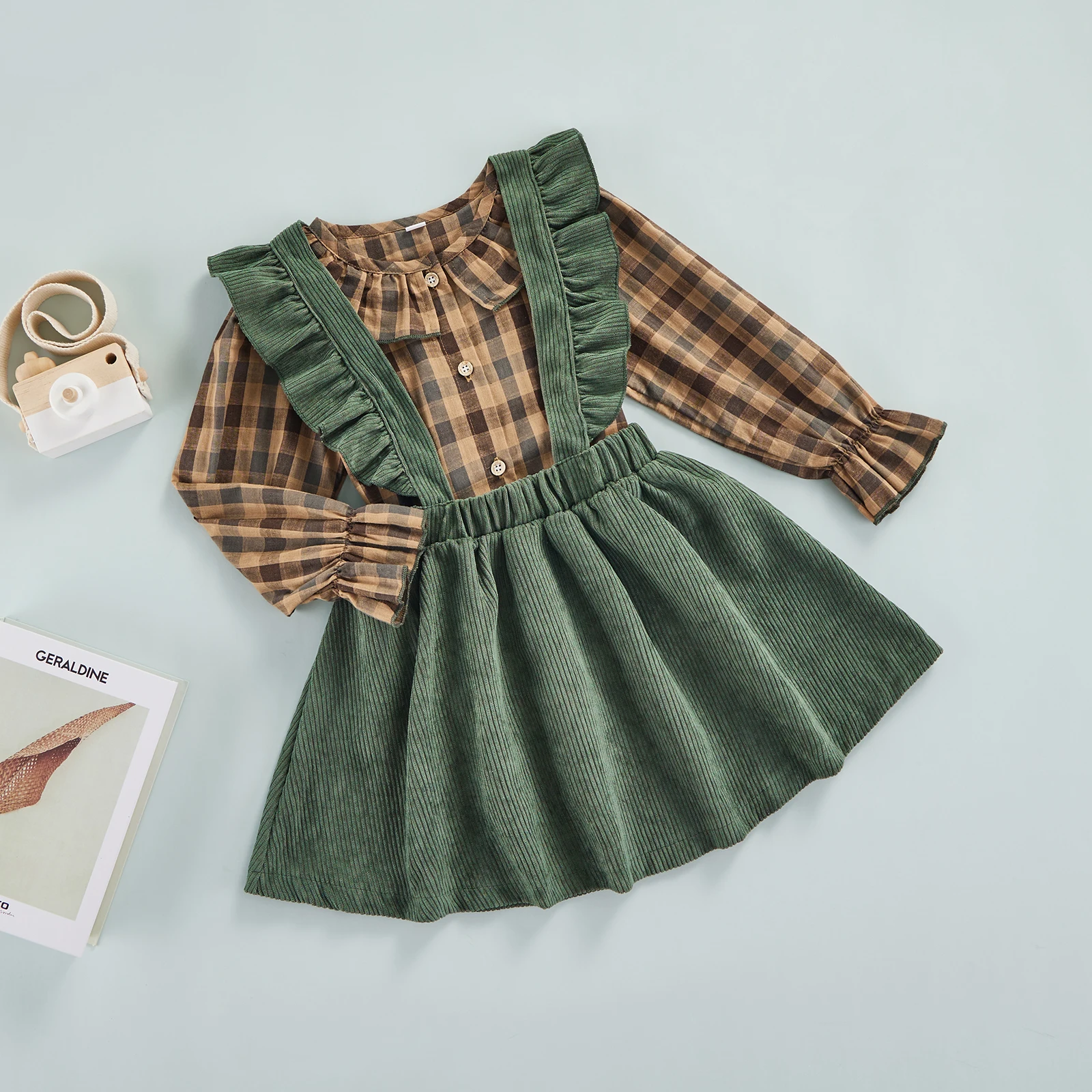 Детская одежда для малышей, рубашка с длинным рукавом в клетку для маленьких девочек, топ, юбка на подтяжках, осенний наряд 
Детская одежда для малышей, рубашка с длинным рукавом в клетку для маленьких девочек, топ, юбка на подтяжках, осенний наряд