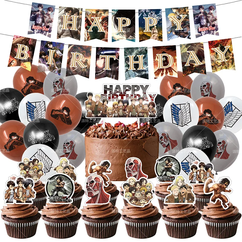 

Attack on Titan Boys Kids Favors Cupcake Toppers Happy Birthday Party Set Decorate Balloons Hanging Banner Cake Flag 1set/pack
