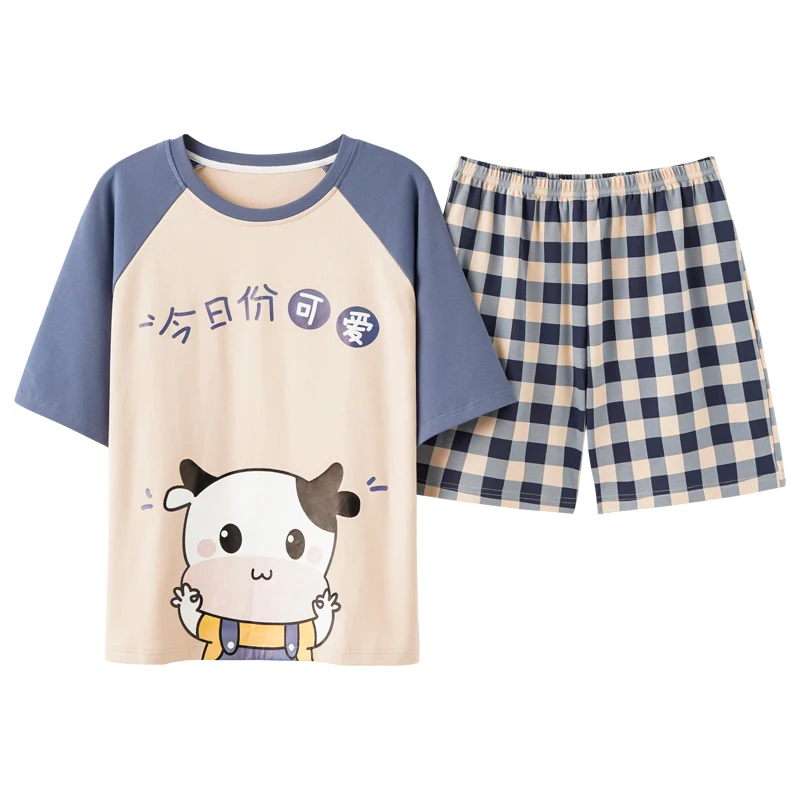 Women's Cute Cotton Cartoon Happy Calf Print Sweet Short Sleeve Summer Pajamas Set Fashion Blue Patchwork Plaid Shorts Homewear
Women's Cute Cotton Cartoon Happy Calf Print Sweet Short Sleeve Summer Pajamas Set Fashion Blue Patchwork Plaid Shorts Homewear