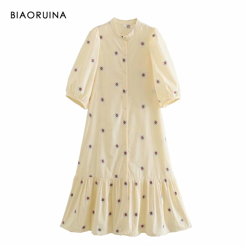 

Женское однобортное платье BIAORUINA с цветочной вышивкой, модное длинное платье с воротником-стойкой, женское винтажное платье миди с высокой ...