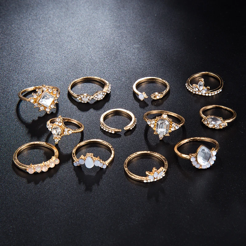Docona 12pcs/set Boho Flower Inlay Crystal Rhinestone Geometric Ring Set for Women Knuckle Midi Rings Jewelry Accessories 8256 | Украшения