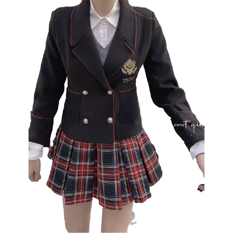 New Spring 3 Piece Long sleeves suit Women Long sleeves Vintage Solid Blouse Plaid Skirt
New Spring 3 Piece Long sleeves suit Women Long sleeves Vintage Solid Blouse Plaid Skirt