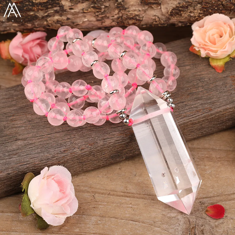 Natural Clear White Quartz Double Point Pendant Smooth Pink Roses Quartz Round Beads Knotted Necklace Handmade Jewelry Dropship
Natural Clear White Quartz Double Point Pendant Smooth Pink Roses Quartz Round Beads Knotted Necklace Handmade Jewelry Dropship