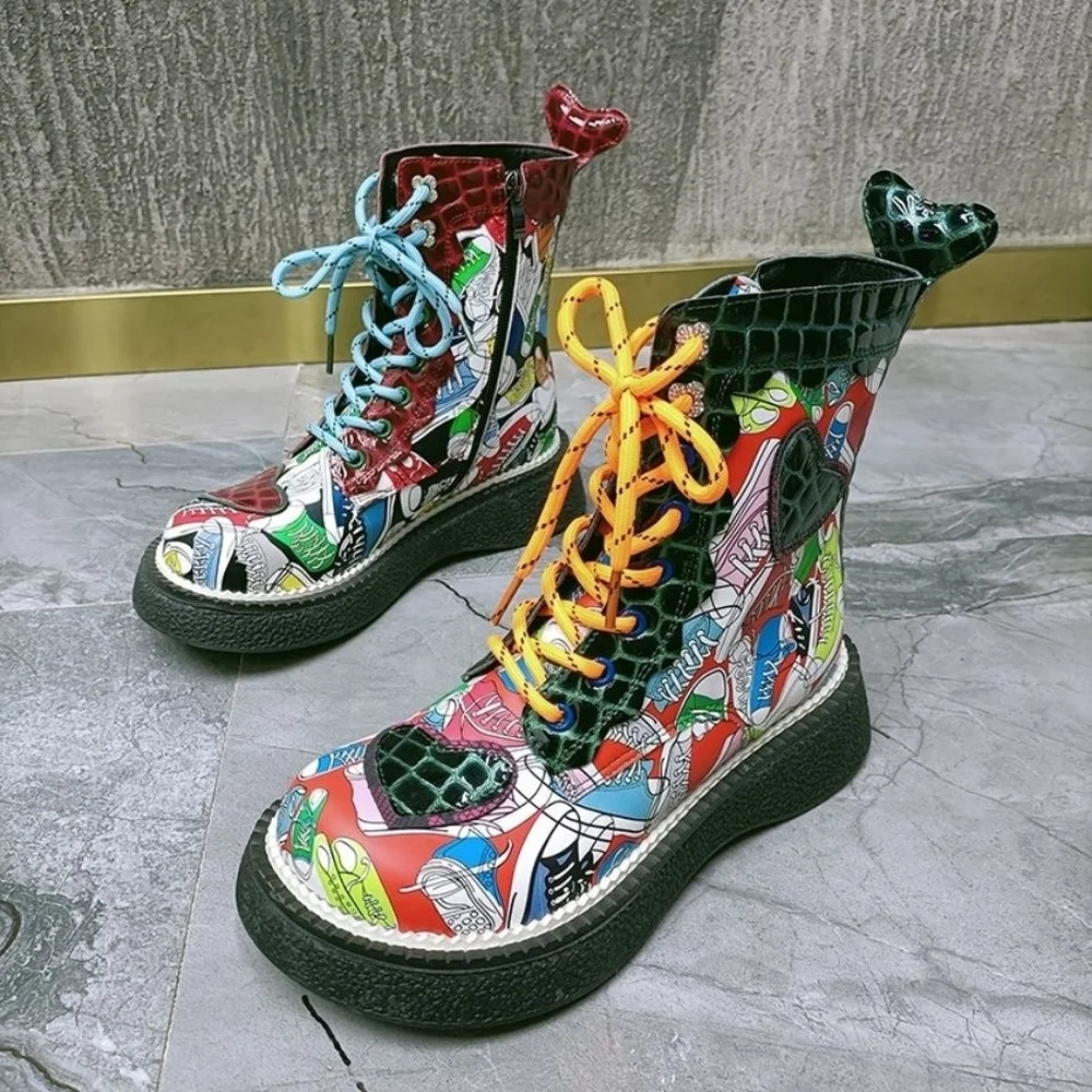 Womens Round Toe Printed Mixed Colors Ankle Boots Lace Up Heart Decor Shoes Platform British Styles Punk Gothic New 2022
Womens Round Toe Printed Mixed Colors Ankle Boots Lace Up Heart Decor Shoes Platform British Styles Punk Gothic New 2022