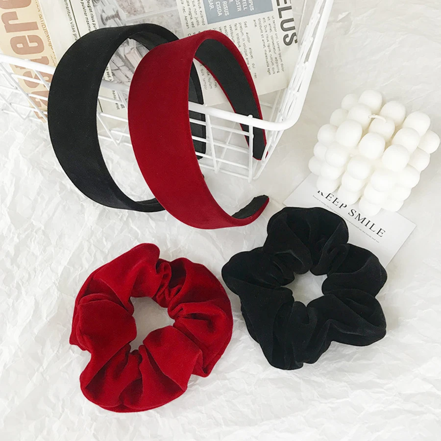 Velvet Hairbands Black Wine Red Bow Hairclip Headbands Flannel scrunchie Solid Color Hair Tie Elegant Accessories for Women |