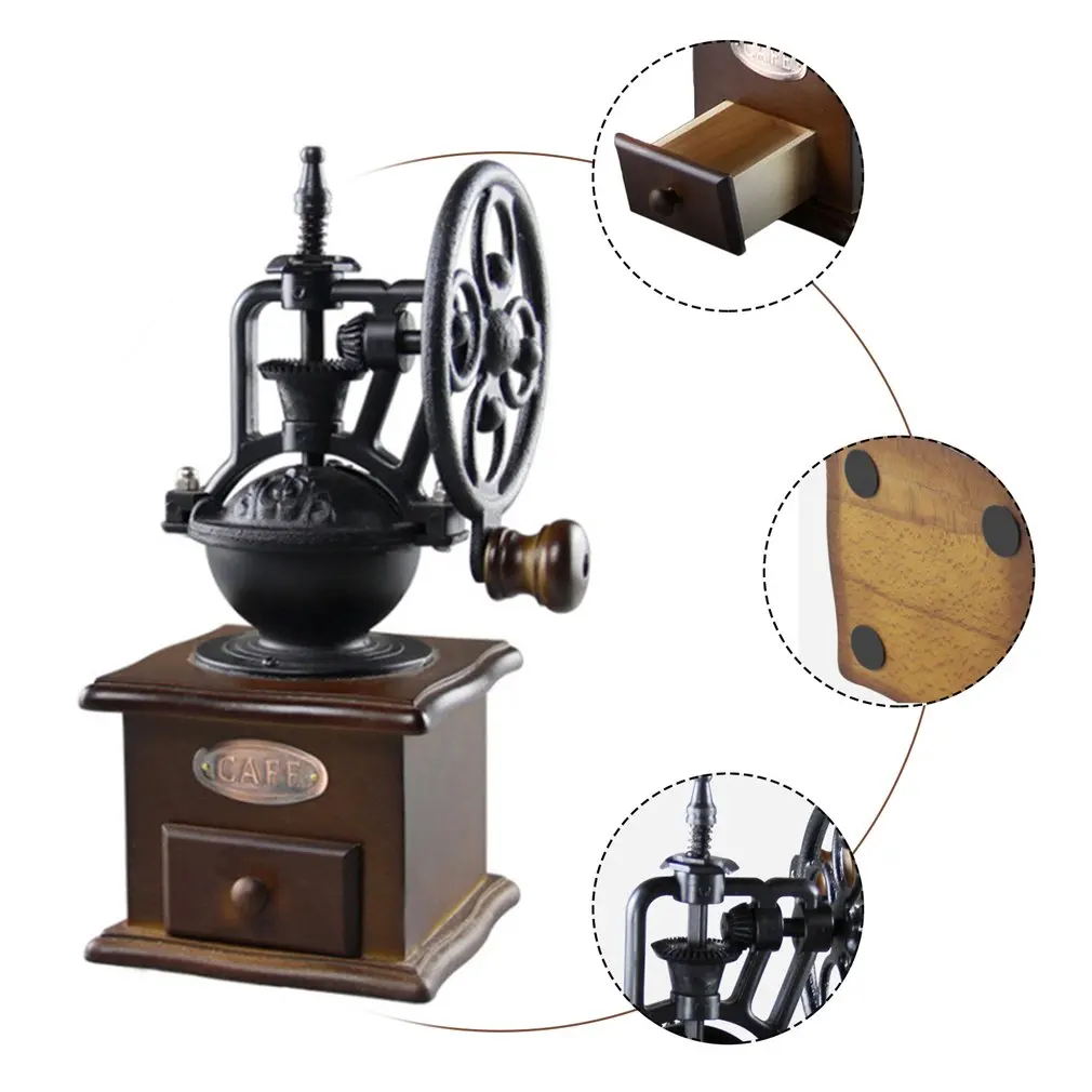 Vintage ancient Manual Coffee Grinder Wheel Design Coffee Bean Mill Kitchen Tool Grinders Wood base box Machine
Vintage ancient Manual Coffee Grinder Wheel Design Coffee Bean Mill Kitchen Tool Grinders Wood base box Machine