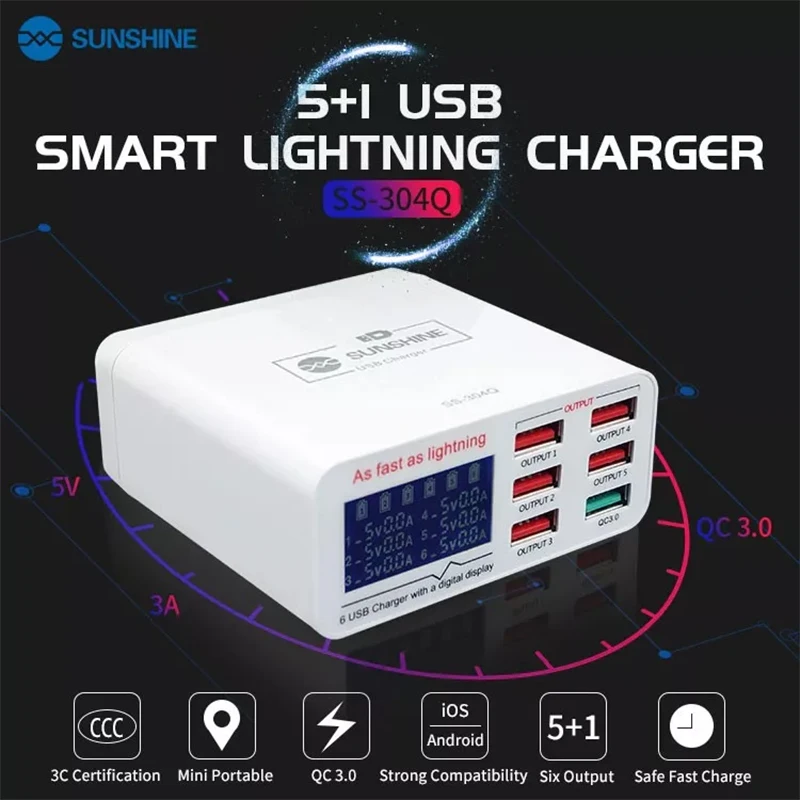 6 USB smart charge support QC 3.0 fast charge Applicable to IPAD/iPhone Huawei, Samsung, OPPO, vivo, Mi , etc.
6 USB smart charge support QC 3.0 fast charge Applicable to IPAD/iPhone Huawei, Samsung, OPPO, vivo, Mi , etc.