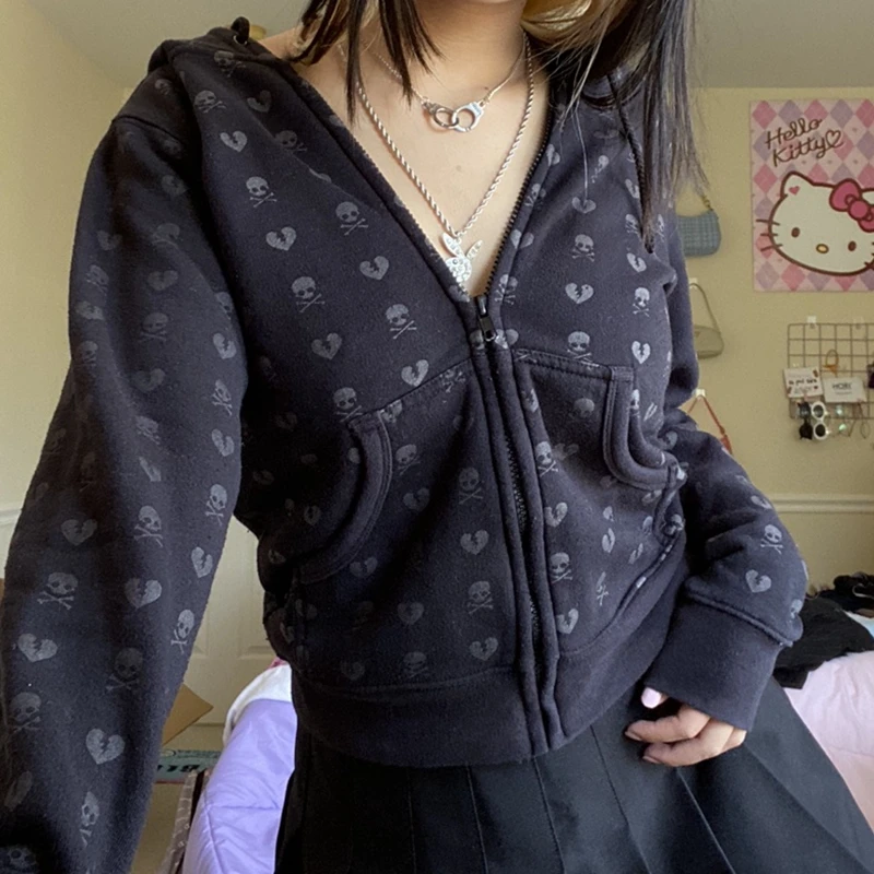 90s Vintage Skulls Print Black Sweatshirt Zipper Long Sleeve Autumn Hoodies Fairycore Grunge Jackets Retro Harajuku Winter Coat
90s Vintage Skulls Print Black Sweatshirt Zipper Long Sleeve Autumn Hoodies Fairycore Grunge Jackets Retro Harajuku Winter Coat