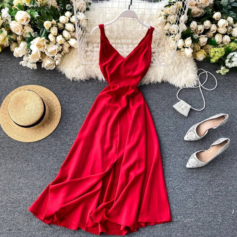 V Neck Sexy Dress Women Solid Vintage Fashion Vestidos A-line 2021 Korean Beach Style Summer Dresses A-line 
V Neck Sexy Dress Women Solid Vintage Fashion Vestidos A-line 2021 Korean Beach Style Summer Dresses A-line