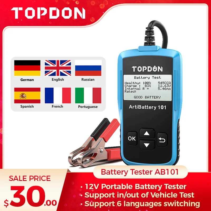 TOPDON Digital Battery Tester 12V Portable Car Battery Monitor Car Cranking Charging Circut Tester Auto Analyzer Vehicle AB101
TOPDON Digital Battery Tester 12V Portable Car Battery Monitor Car Cranking Charging Circut Tester Auto Analyzer Vehicle AB101