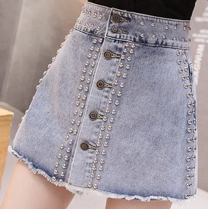 

Women High Waist Rivet Button Splice Slim Fit Mini Sexy Denim Shorts Skirts Female Streetwear Punk Washed Skinny Jean Shorts