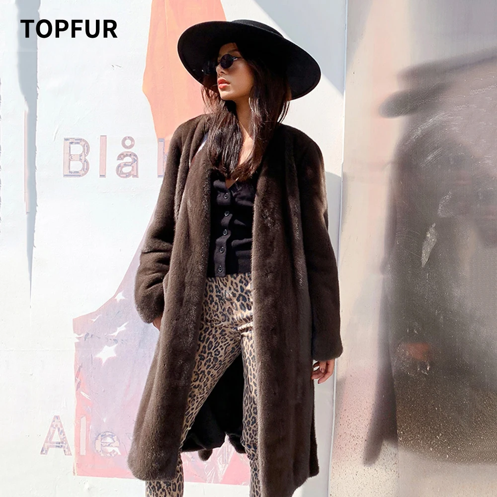 Фото Женское длинное пальто TOPFUR роскошное с поясом из натурального меха норки|Шубы и