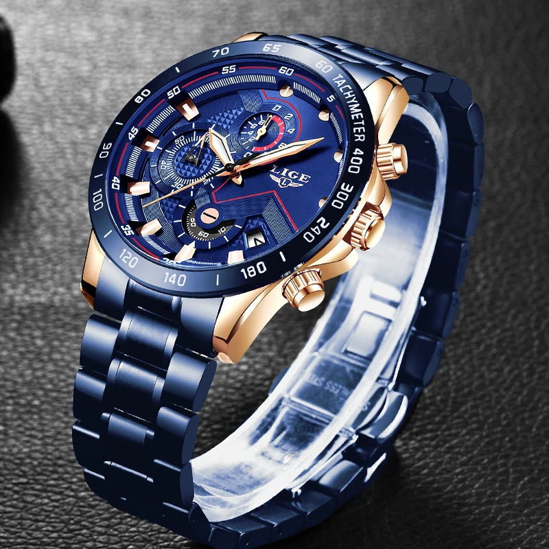 2019 New Blue Quartz Clock Chronograph LIGE Mens Watches Top Brand Luxury Watch For Men Date Waterproof Wrist Reloj Hombre | Наручные