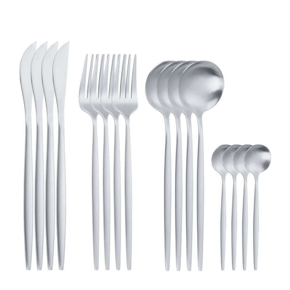 16Pcs Matte Silver Stainless Steel Cutlery Tableware Set Dinnerware Flatware Set Home Forks Knives Spoons Set Wedding Silverware
16Pcs Matte Silver Stainless Steel Cutlery Tableware Set Dinnerware Flatware Set Home Forks Knives Spoons Set Wedding Silverware