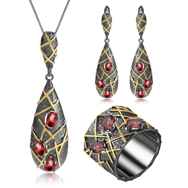 GEM'S BALLET 925 Sterling Silver Handmade Stripe Staggered Lines Jewelry Set Natural Garnet Ring Earrings Pendant Sets For Women
GEM'S BALLET 925 Sterling Silver Handmade Stripe Staggered Lines Jewelry Set Natural Garnet Ring Earrings Pendant Sets For Women