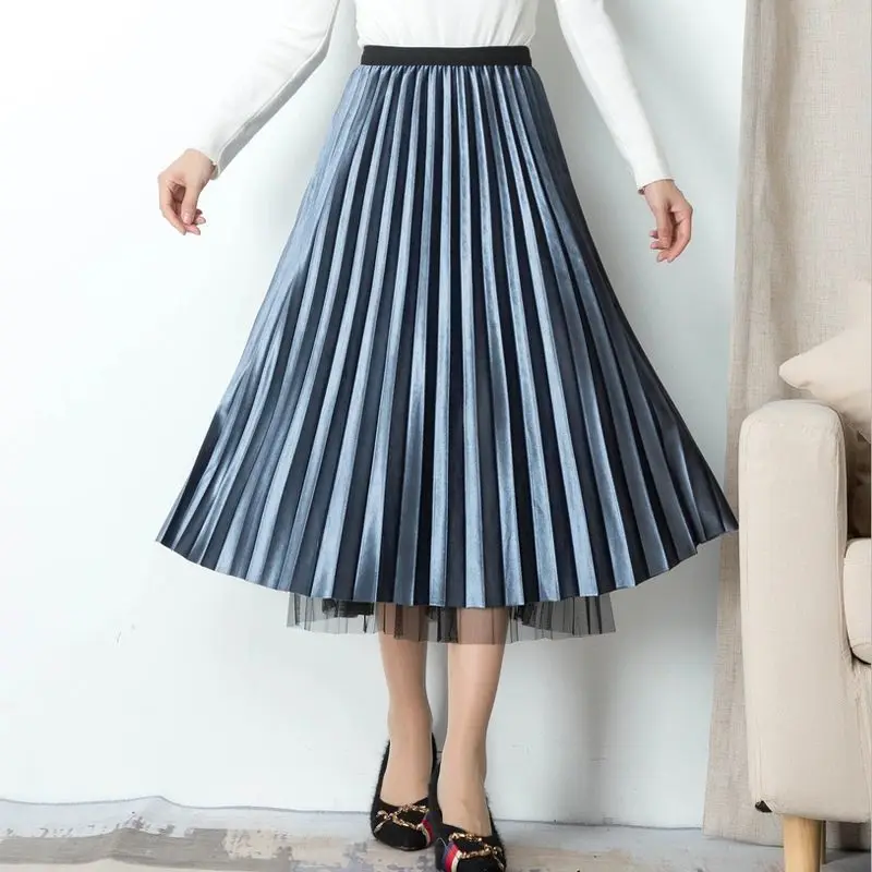

Женская плиссированная юбка средней длины, бархатная юбка А-силуэта с высокой талией и металлическим блеском, в Корейском стиле, Осень-зима ...