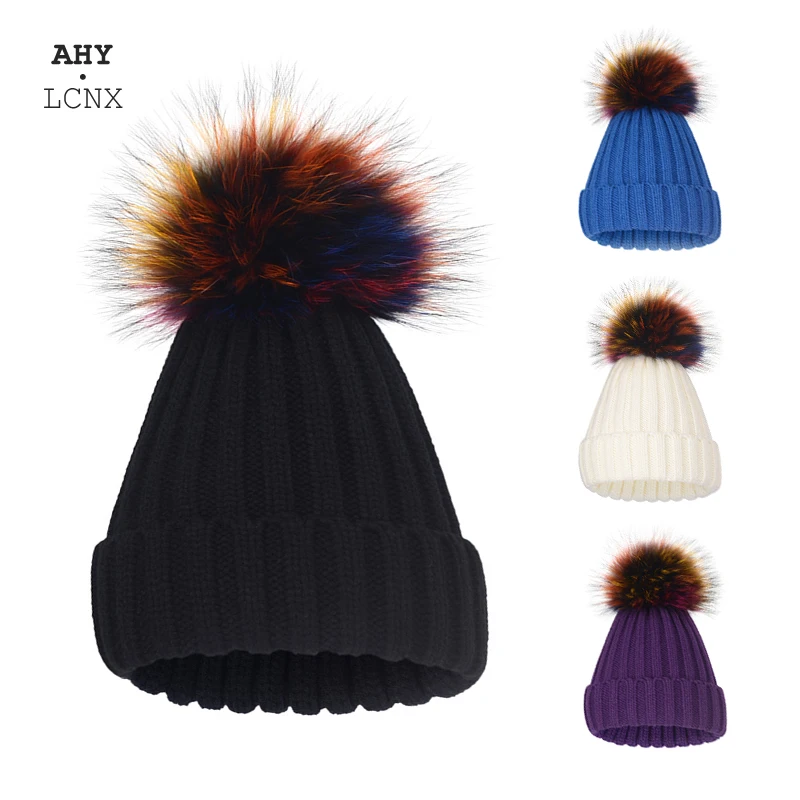 

2021 Brand Winter Hat Women Knitted Beanie Hat Real Raccoon Fur Pompom Hat for Female Kids Warm Chunky Thick Stretchy Hat