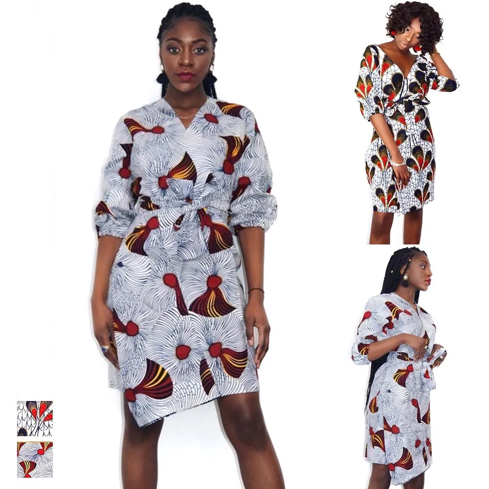 

Осень 2021, лидер продаж, женское элегантное платье в Африканском этническом стиле с цифровым принтом, V-образным вырезом и длинным рукавом