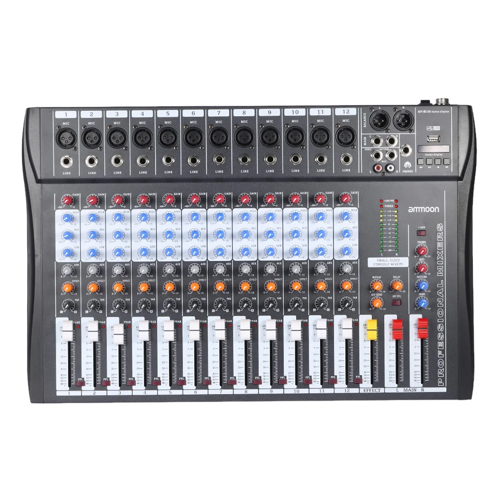 

ammoon 120S-USB 12 Channels Mic Line Audio Mixer Mixing Console USB XLR Input 3-band EQ 48V Phantom Power with Power Adapter