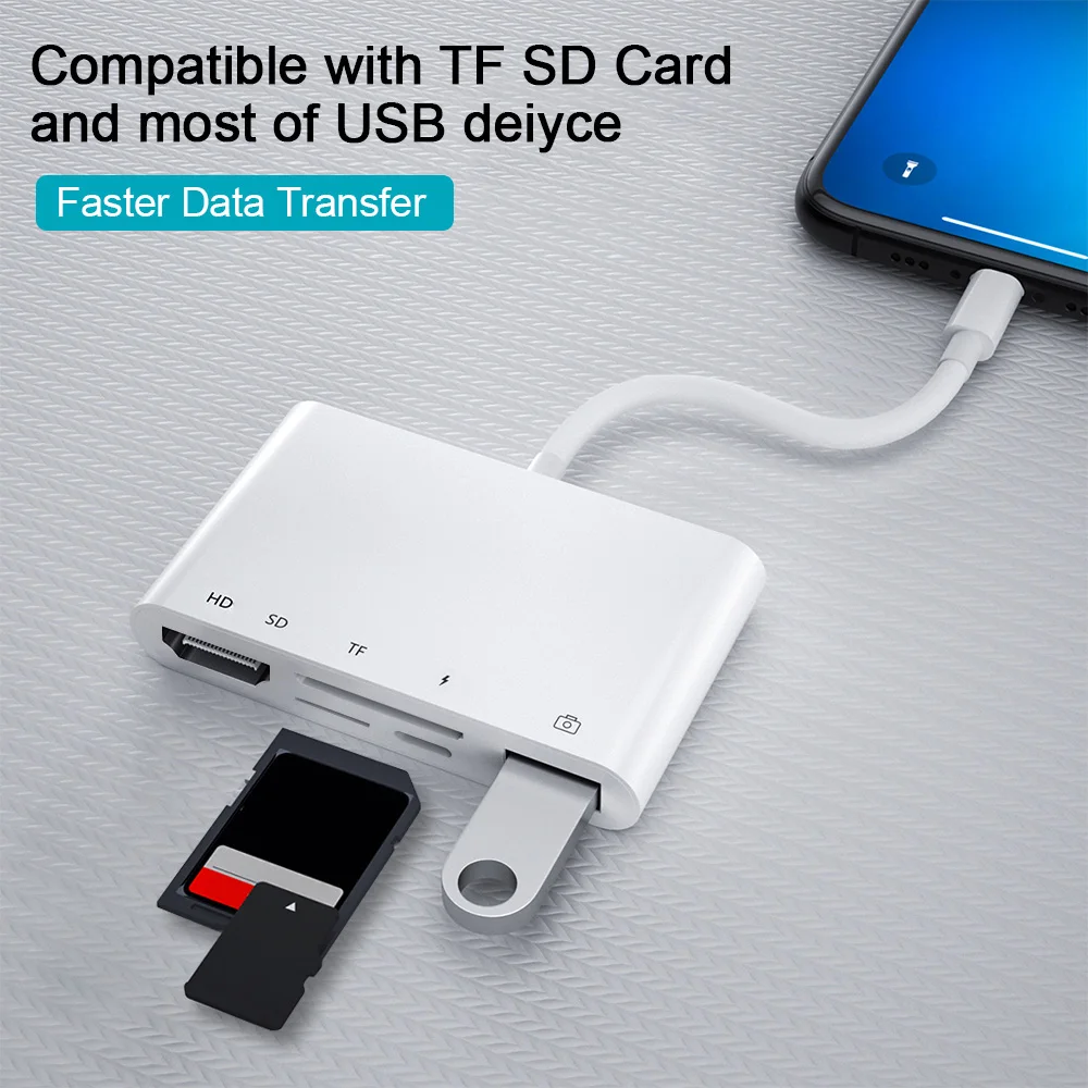 5 in 1 USB OTG Adaprer For iPhone 13 Pro max Lighting to TF SD Card Reader Adapter Dual USB Data Transfer PD Charge For Macbook
5 in 1 USB OTG Adaprer For iPhone 13 Pro max Lighting to TF SD Card Reader Adapter Dual USB Data Transfer PD Charge For Macbook