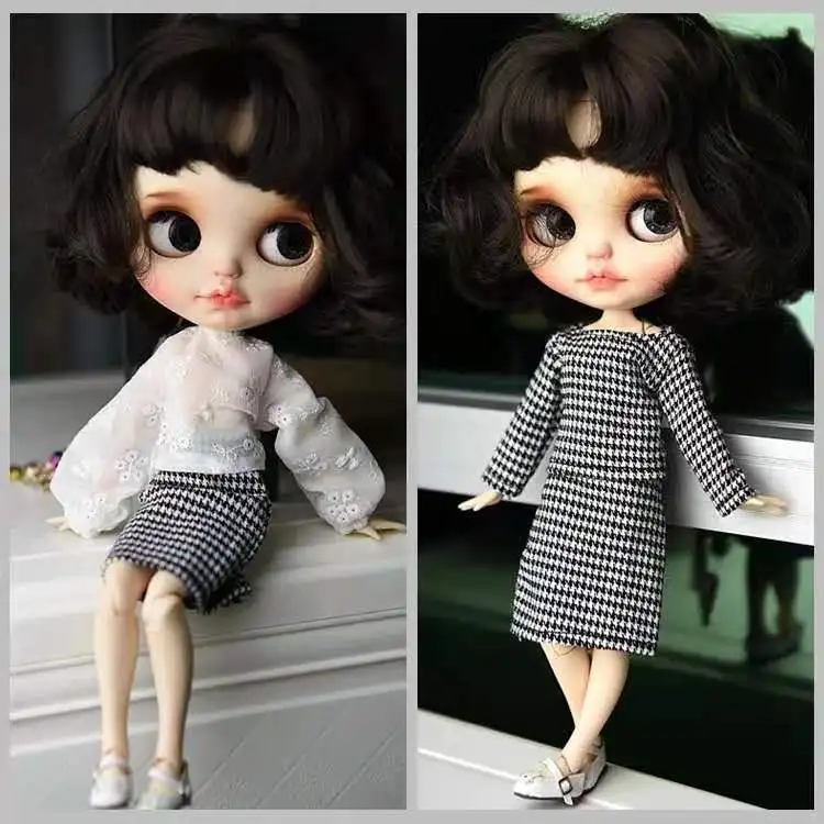 

Houndstooth Tops Plaided Skirt for Blyth Fashion Doll Clothes Set Long Puff Sleeve Shirt for Blythe Doll Outfits 1/6 BJD Toys