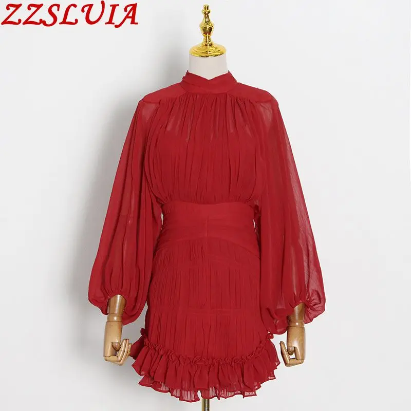 Mini Dresses For Women Stand Collar Lantern Sleeve Draped Folds Design Slim Ruffles Hem Dress Sexy One Piece Ladies Female Cloth
Mini Dresses For Women Stand Collar Lantern Sleeve Draped Folds Design Slim Ruffles Hem Dress Sexy One Piece Ladies Female Cloth