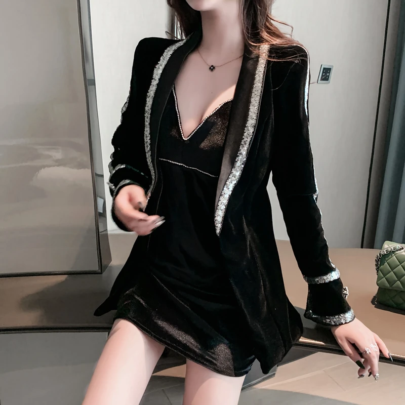 Sequined Notched Collar Jacket Female + Sexy Spaghetti Strap Mini Dress Women Nightclub Streetwear Autumn Two-Piece Sets
Sequined Notched Collar Jacket Female + Sexy Spaghetti Strap Mini Dress Women Nightclub Streetwear Autumn Two-Piece Sets