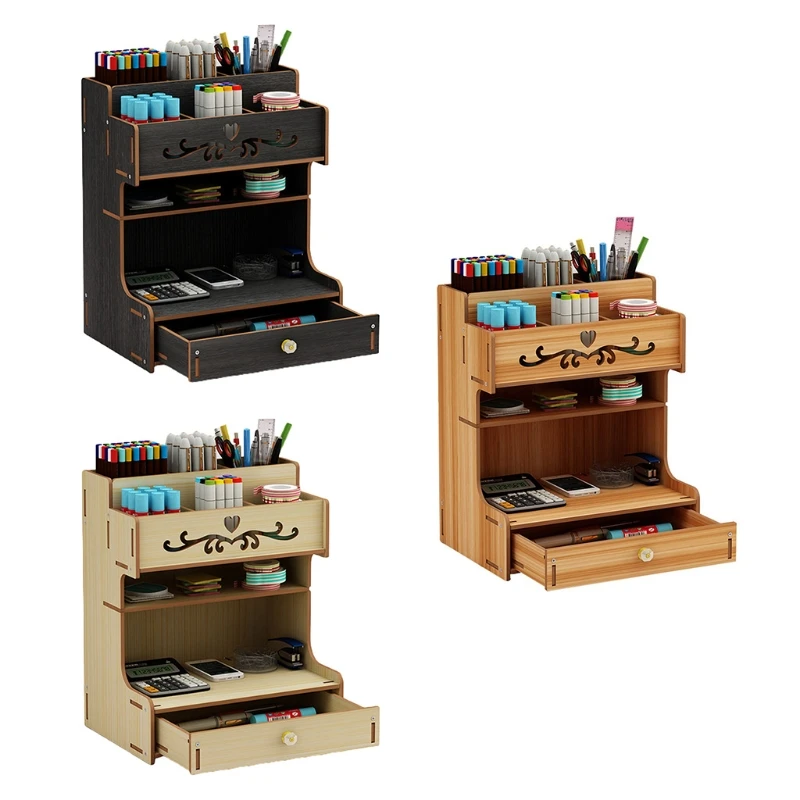 

Wooden Desk Organizer Multi-Functional DIY Pen Holder Box Desktop Stationary Home Office Supply Desktop Storage Rack with Drawer