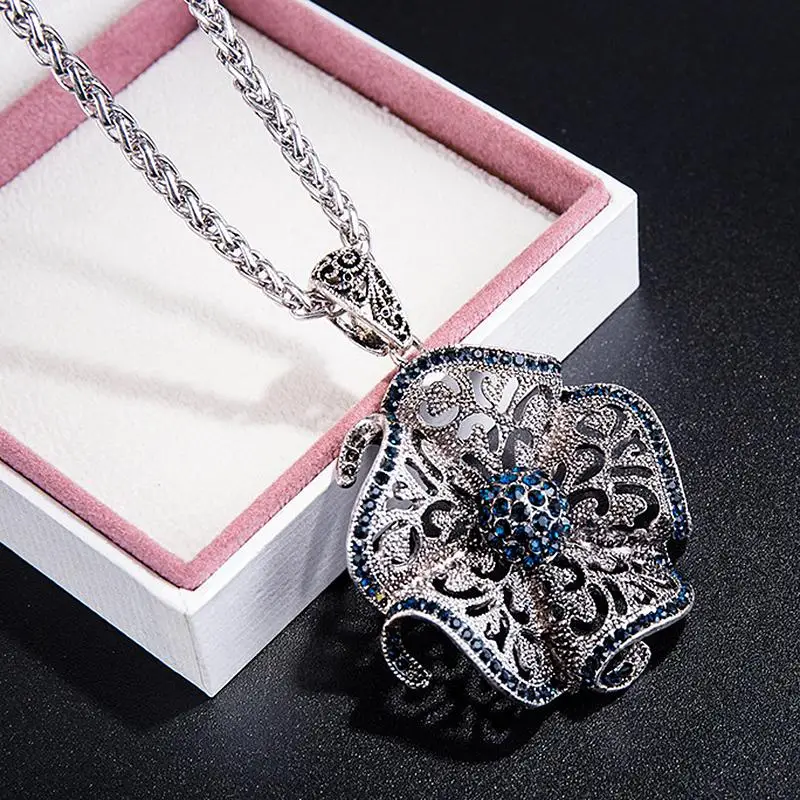 Vintage Black Blue Crystal Flower Drop Necklaces & Pendants For Women Long Necklace Jewelry Dress Sweater Accessories Gifts | Украшения