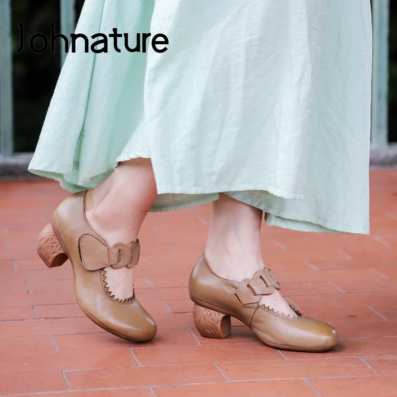 

Женские туфли из натуральной кожи Johnature, туфли-лодочки на платформе с круглым носком, на липучке, повседневная обувь в стиле ретро для весны, ...