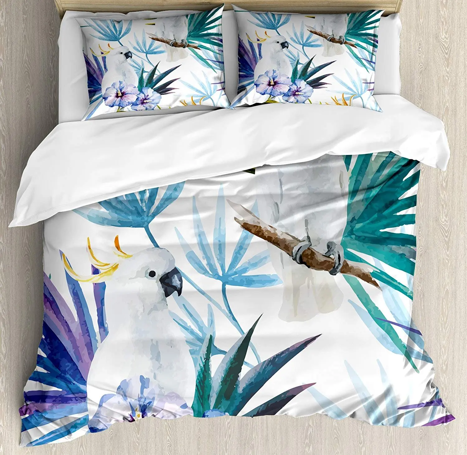 

Tropical Bedding Set Watercolor White Parrot Birds on Palm Tree Branches Leaves Exotic Nature Artwork Duvet Cover Pillowcase
