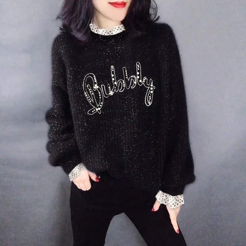 Sweater new autumn winter letter printed lace Pullover fake two loose lazy women's bottomed sweater
Sweater new autumn winter letter printed lace Pullover fake two loose lazy women's bottomed sweater