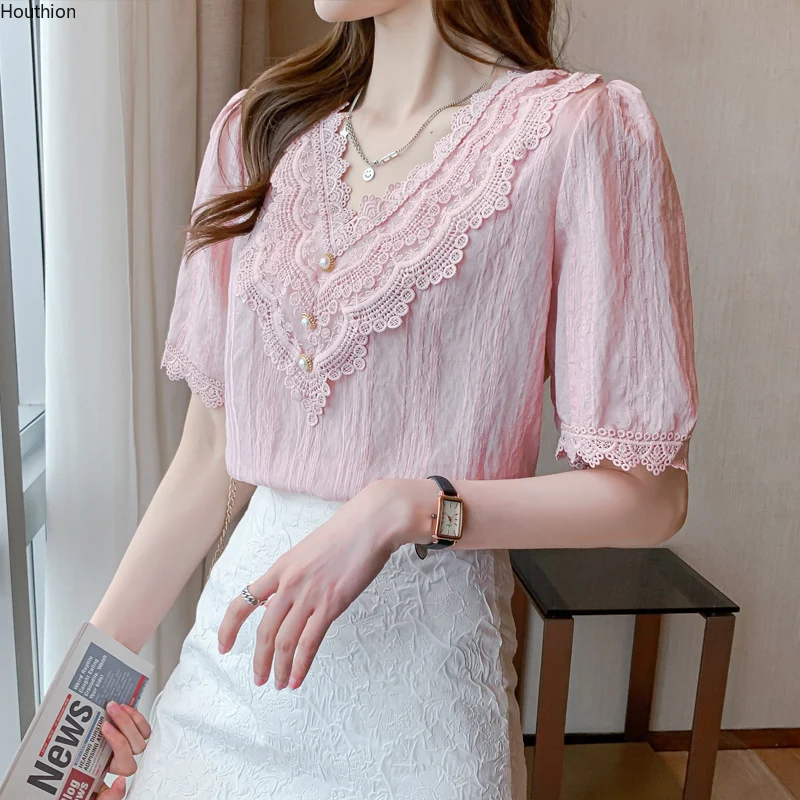 Houthion Short-sleeved Women's Blouse Pure Color Stitching V-neck Korean Fashion Tops Casual Chiffon Shirt V-Neck Top
Houthion Short-sleeved Women's Blouse Pure Color Stitching V-neck Korean Fashion Tops Casual Chiffon Shirt V-Neck Top