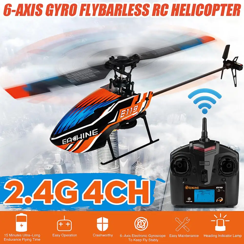 Eachine E119 2.4G 4CH 6-Axis Flybarless 4CH Transmitter with LED Display RC Helicopter RTF 1pcs 3pcs 4pcs Batteries Version
Eachine E119 2.4G 4CH 6-Axis Flybarless 4CH Transmitter with LED Display RC Helicopter RTF 1pcs 3pcs 4pcs Batteries Version