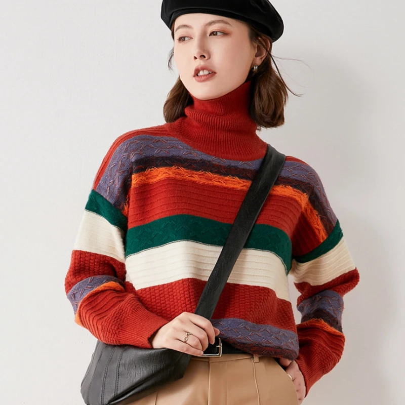 2021 Autumn/Winter Sweater Women Turtleneck Christmas Rainbow Striped Long Sleeve Pullover Sweater Female Knitted Tops Sweater
2021 Autumn/Winter Sweater Women Turtleneck Christmas Rainbow Striped Long Sleeve Pullover Sweater Female Knitted Tops Sweater