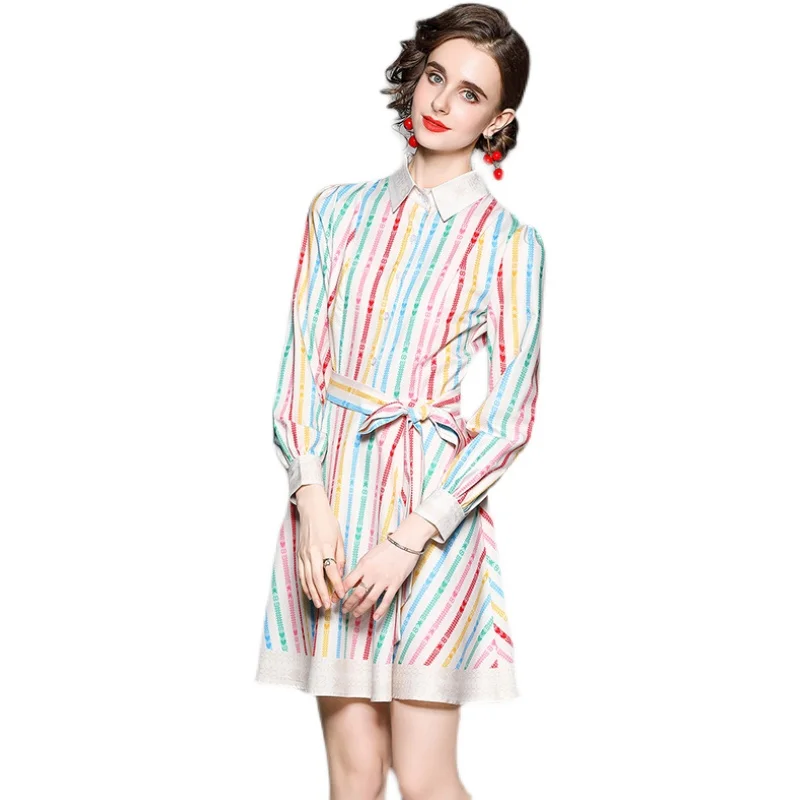 Elegant Striped Printing Fashion Short Dress Womens Long Sleeve Lapel Button Sashes Clothes Spring Autumn
Elegant Striped Printing Fashion Short Dress Womens Long Sleeve Lapel Button Sashes Clothes Spring Autumn
