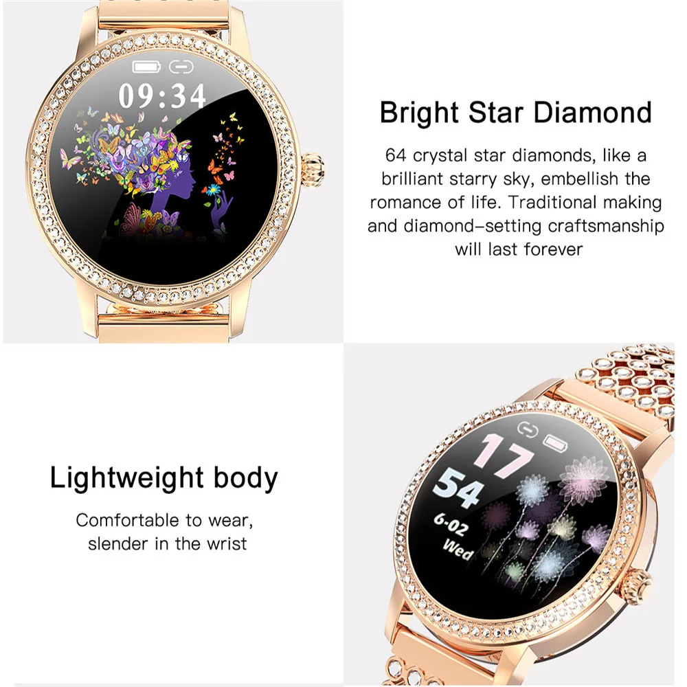 Смарт-часы с бриллиантами 2020 женские милые стальные часы IP68 водонепроницаемый