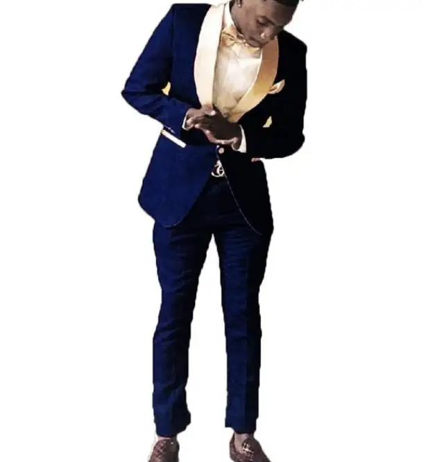 Смокинг для жениха мужской шаль с золотым отворотом 2 предмета свадебный пиджак +