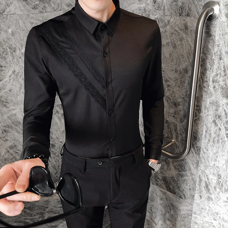 Autumn New Men Long-sleeved Casual Shirt Black White Lapel Slim-fit Shirts Fashion Gold Striped Decoration Male Bar Leisure Tops
Autumn New Men Long-sleeved Casual Shirt Black White Lapel Slim-fit Shirts Fashion Gold Striped Decoration Male Bar Leisure Tops