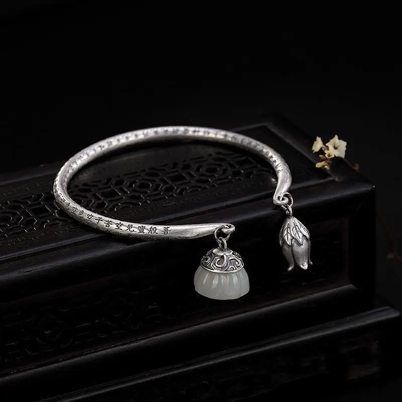 

Buddhist S925 Pure Silver Hetian Jade Lotus Pendant Heart Sutra Bracelet Retro with Opening Bracelet High-End Ladies New