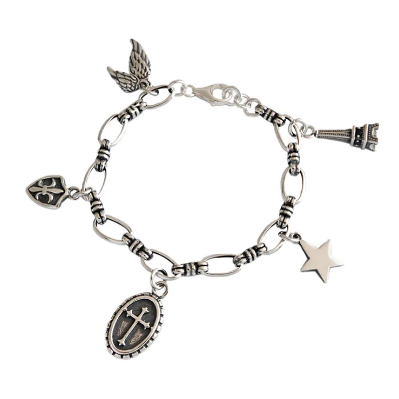 F.I.N.S Retro Old S925 Sterling Silver Bracelet Cross Shield Wing Tower Star Pendant Link Chain Punk Unisex Bracelet Couple
F.I.N.S Retro Old S925 Sterling Silver Bracelet Cross Shield Wing Tower Star Pendant Link Chain Punk Unisex Bracelet Couple