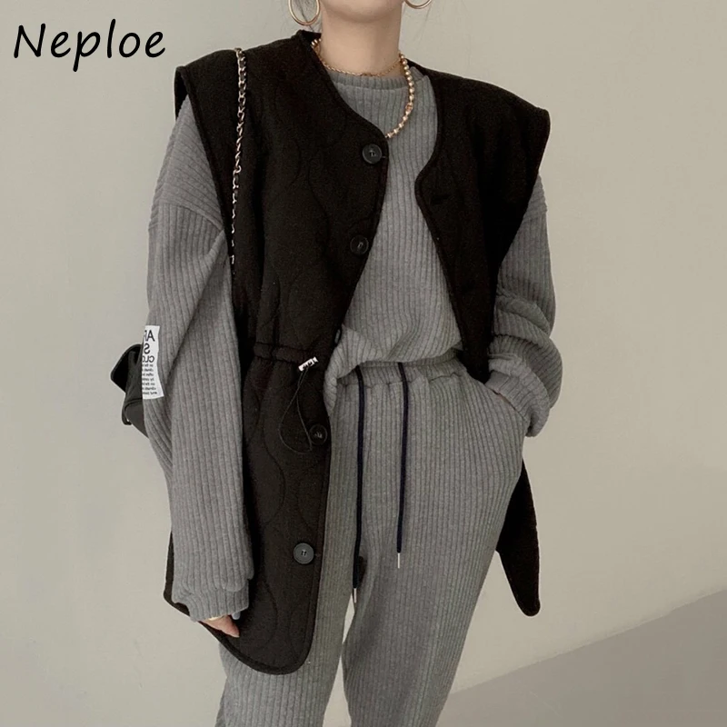 Модные Универсальные женские брючные комплекты Neploe вязаные топы с длинным